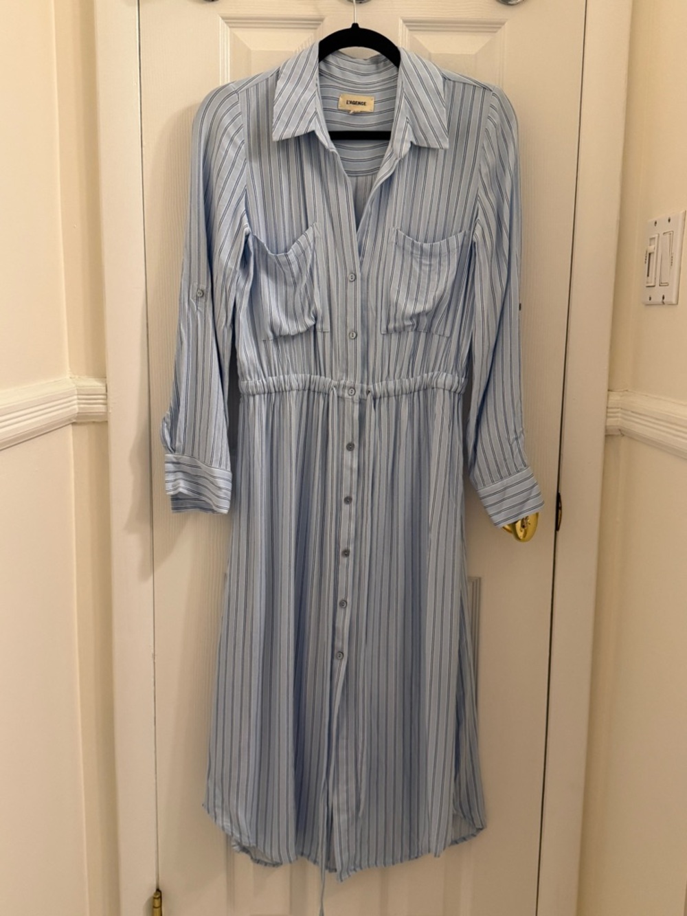 L'AGENCE Light Blue Striped Long Sleeve Shirt Dress